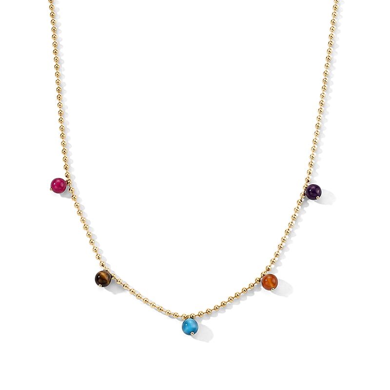 Multi Color Agate Charms Necklace (24-26 Inches) in ION Plated YG Stainless Steel