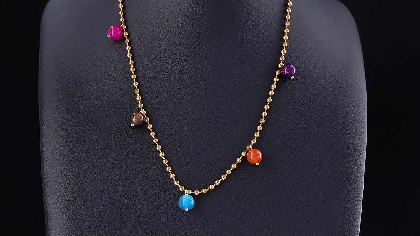 Multi Color Agate Charms Necklace (24-26 Inches) in ION Plated YG Stainless Steel