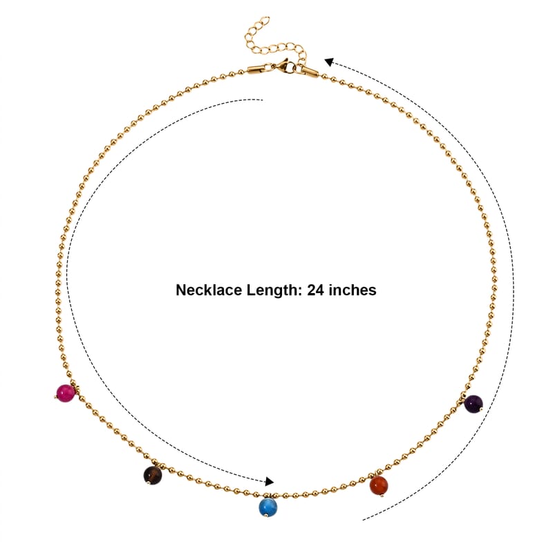 Designer Inspired Stacking Multi Color Agate Charms Beaded Chain Necklace (24-26 Inches) in ION Plated YG Stainless Steel