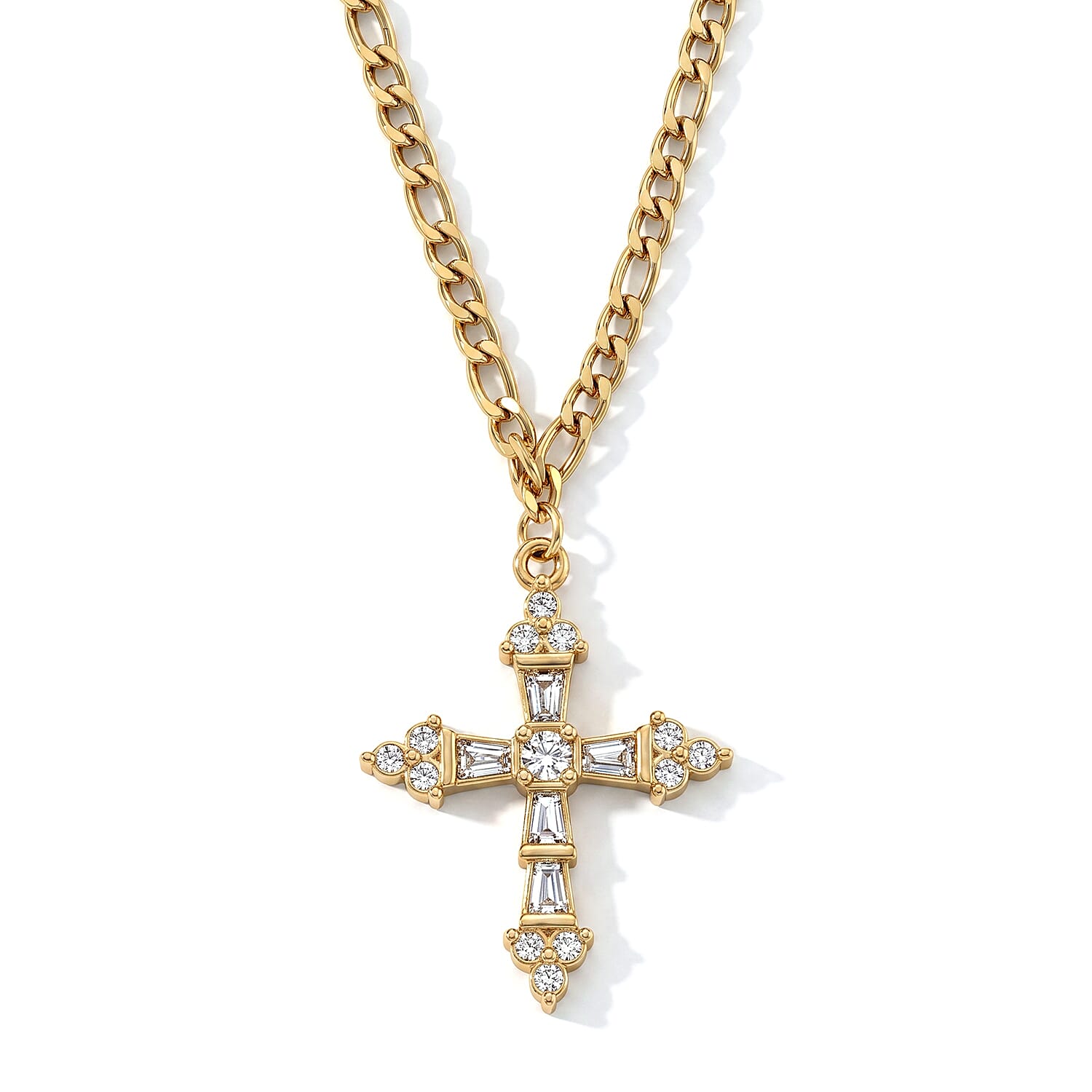 Austrian Crystal Cross Necklace (24-26 Inches) in ION Plated YG Stainless Steel