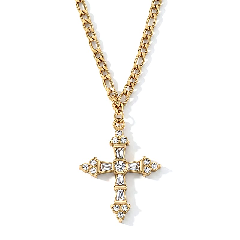 Austrian Crystal Cross Necklace (24-26 Inches) in ION Plated YG Stainless Steel