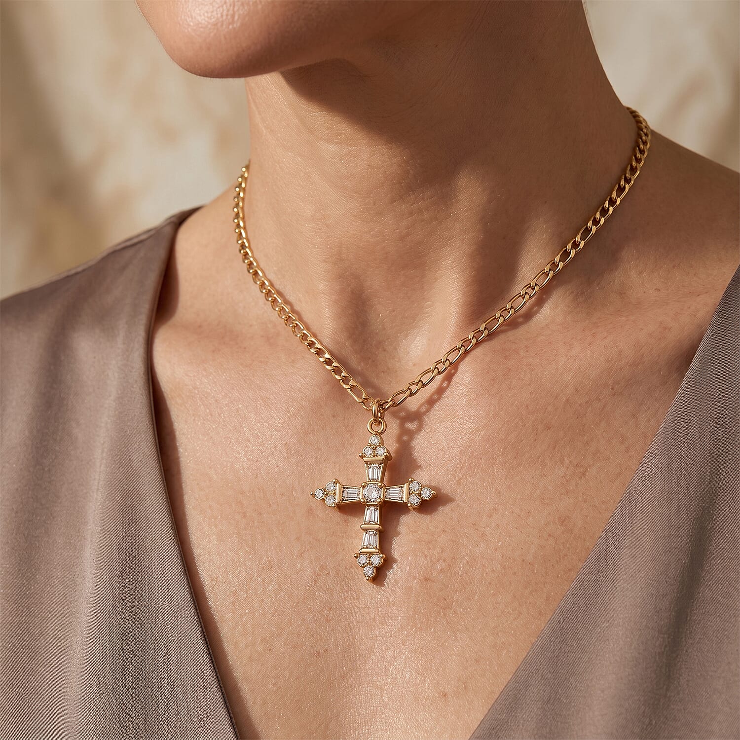 Austrian Crystal Cross Necklace (24-26 Inches) in ION Plated YG Stainless Steel