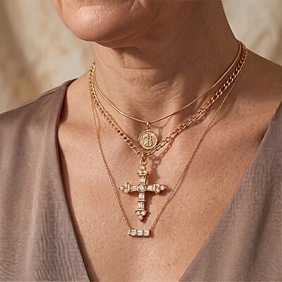 Austrian Crystal Cross Necklace (24-26 Inches) in ION Plated YG Stainless Steel