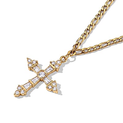 Austrian Crystal Cross Necklace (24-26 Inches) in ION Plated YG Stainless Steel