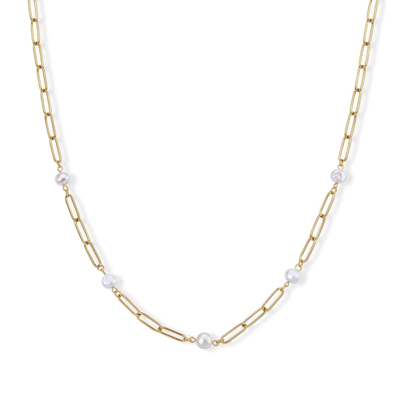 White Shell Pearl Paperclip Chain Station Necklace (20-22 Inches) in ION Plated YG Stainless Steel