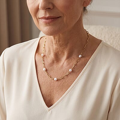 White Shell Pearl Necklace (20-22 Inches) in ION Plated YG Stainless Steel