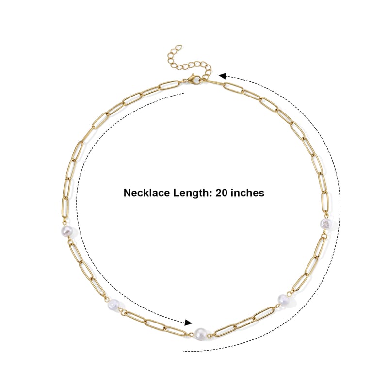 White Shell Pearl Paperclip Chain Station Necklace (20-22 Inches) in ION Plated YG Stainless Steel
