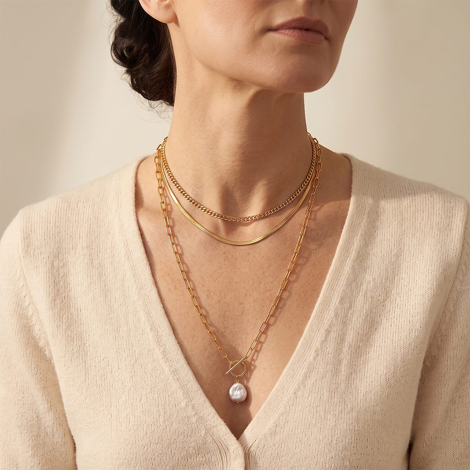 Stackable and Layered White Shell Pearl Paperclip Chain Drop Necklace (26 Inches) in ION Plated YG Stainless Steel
