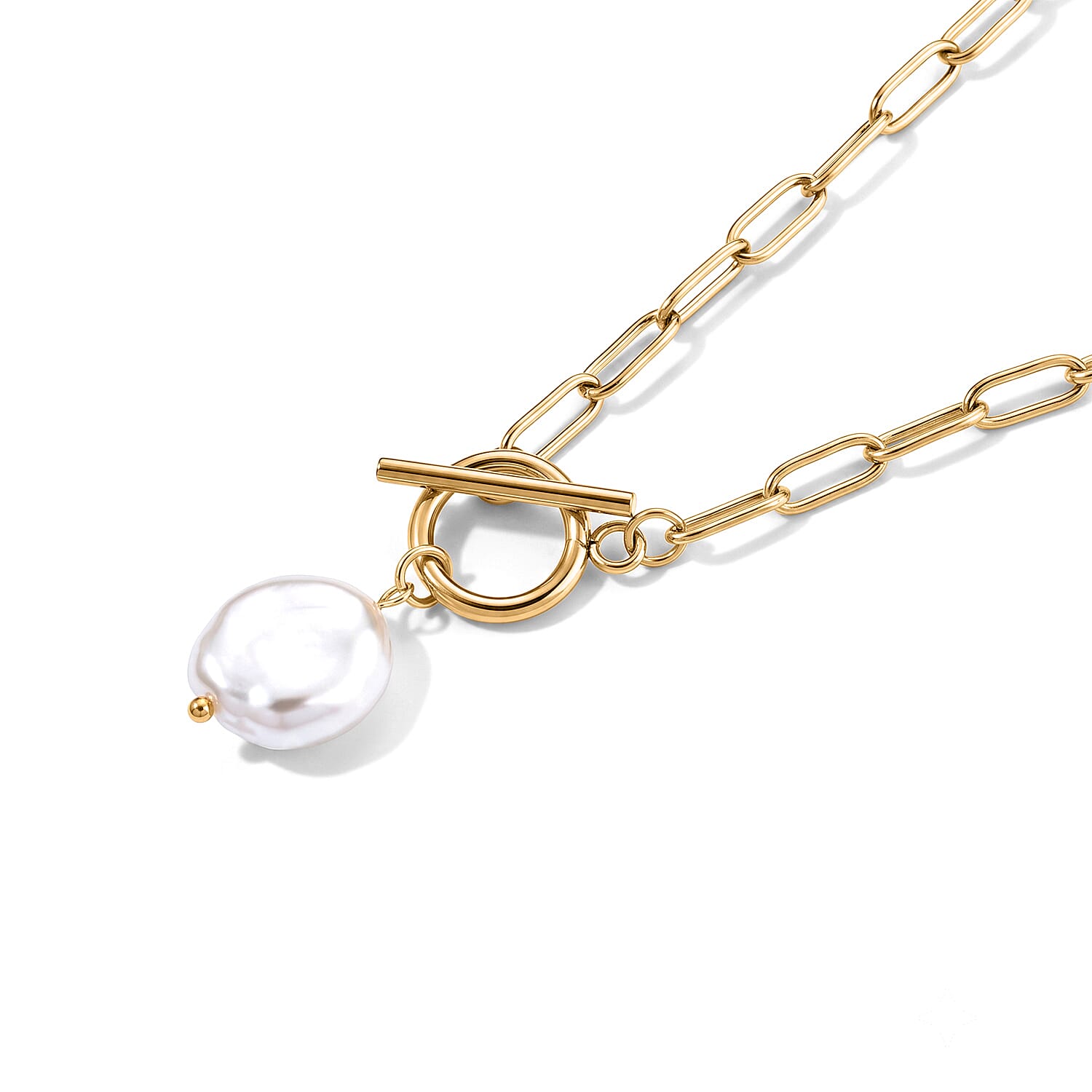 Stackable and Layered White Shell Pearl Paperclip Chain Drop Necklace (26 Inches) in ION Plated YG Stainless Steel