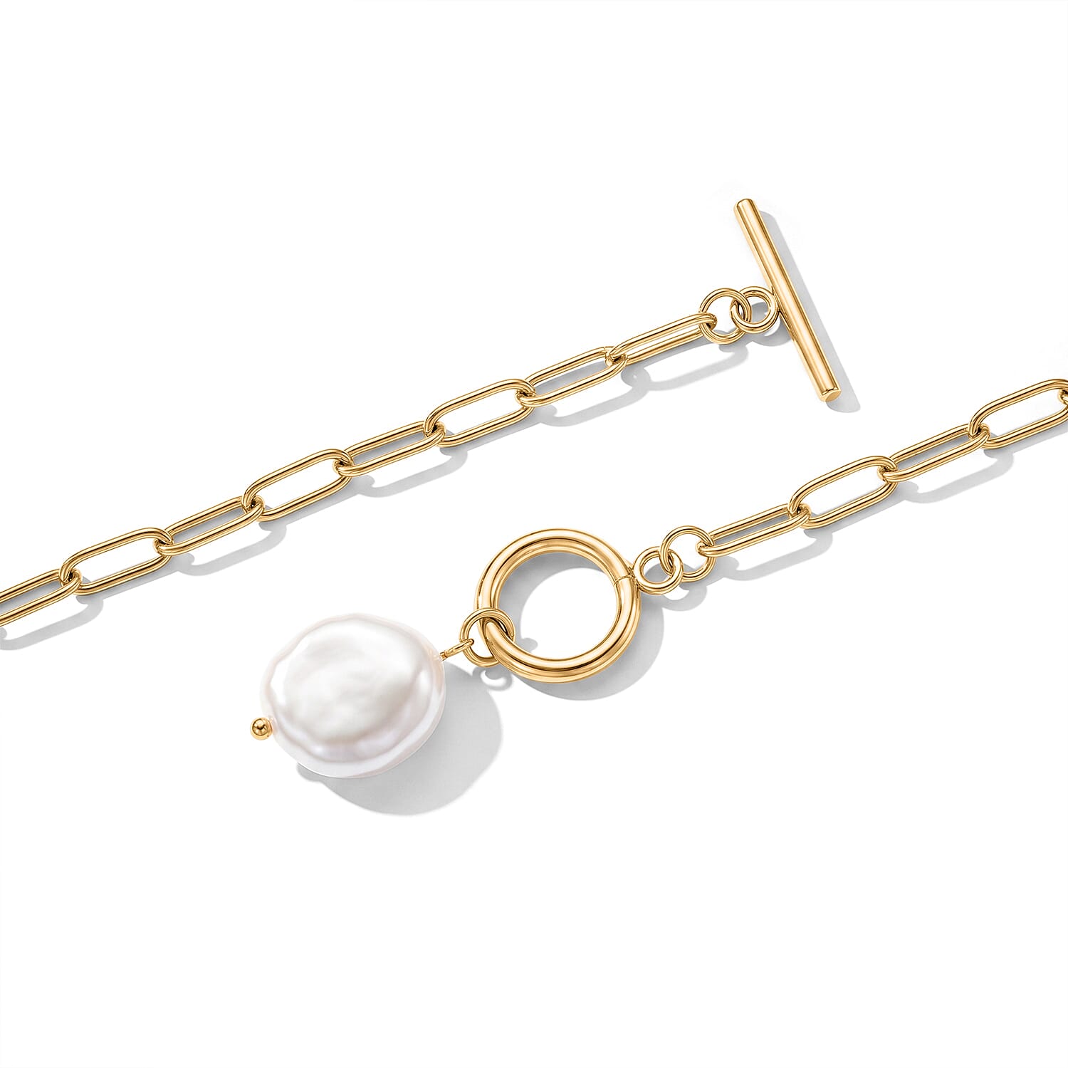 Stackable and Layered White Shell Pearl Paperclip Chain Drop Necklace (26 Inches) in ION Plated YG Stainless Steel