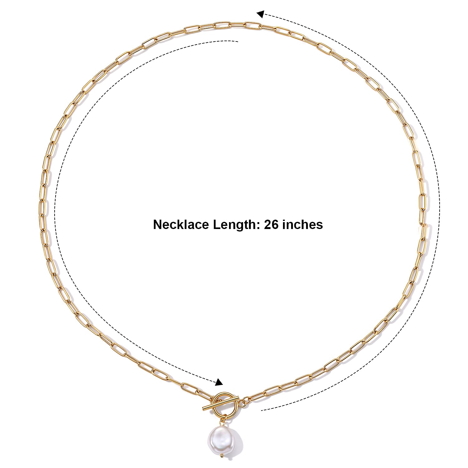 Stackable and Layered White Shell Pearl Paperclip Chain Drop Necklace (26 Inches) in ION Plated YG Stainless Steel