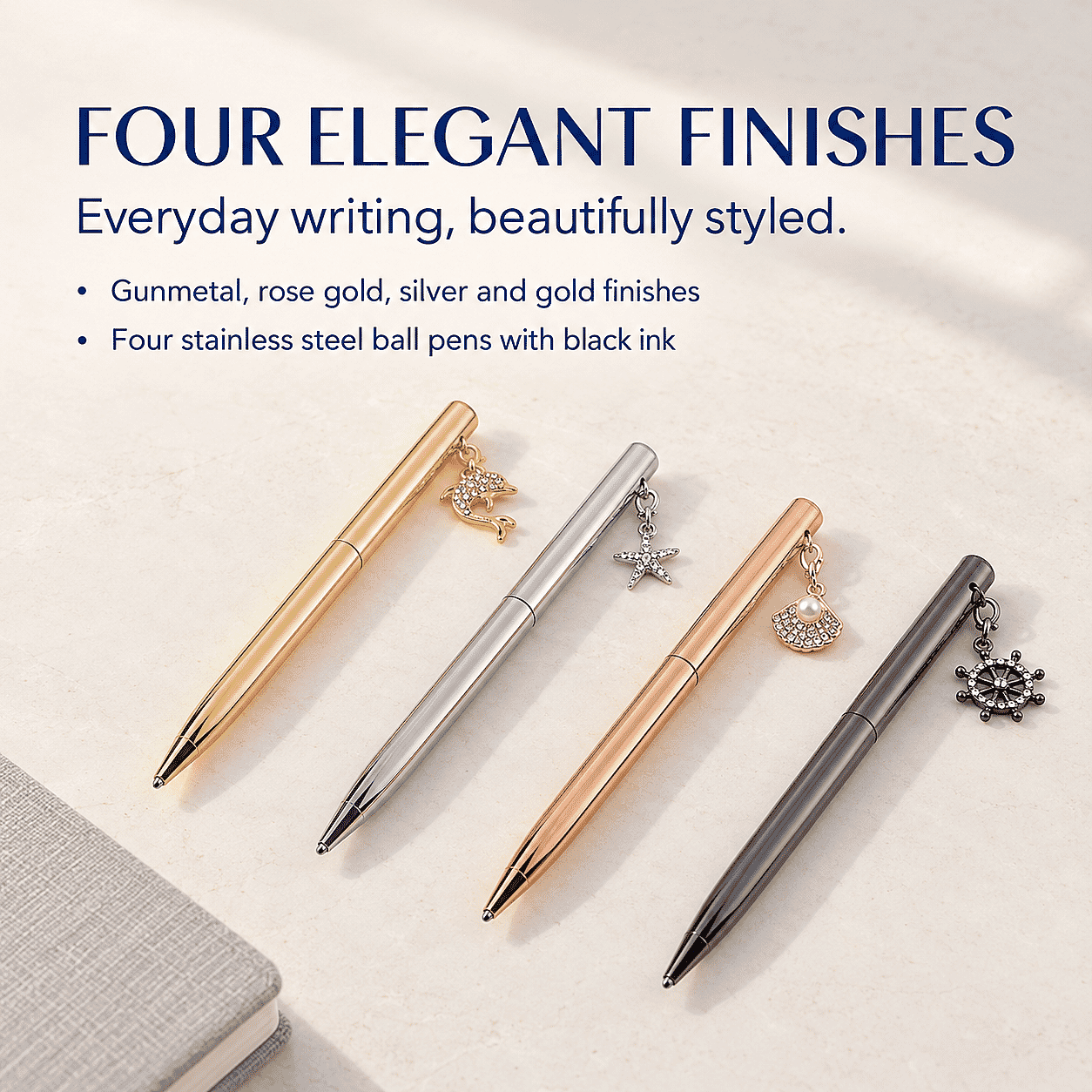 Livmore Set of 4 Stainless Steel Ball Pens with Shiny Charm - Multi Color
