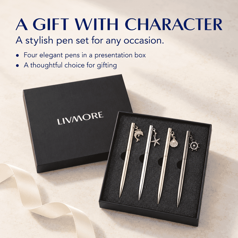 Livmore Set of 4 Stainless Steel Ball Pens with Shiny Charm - Multi Color