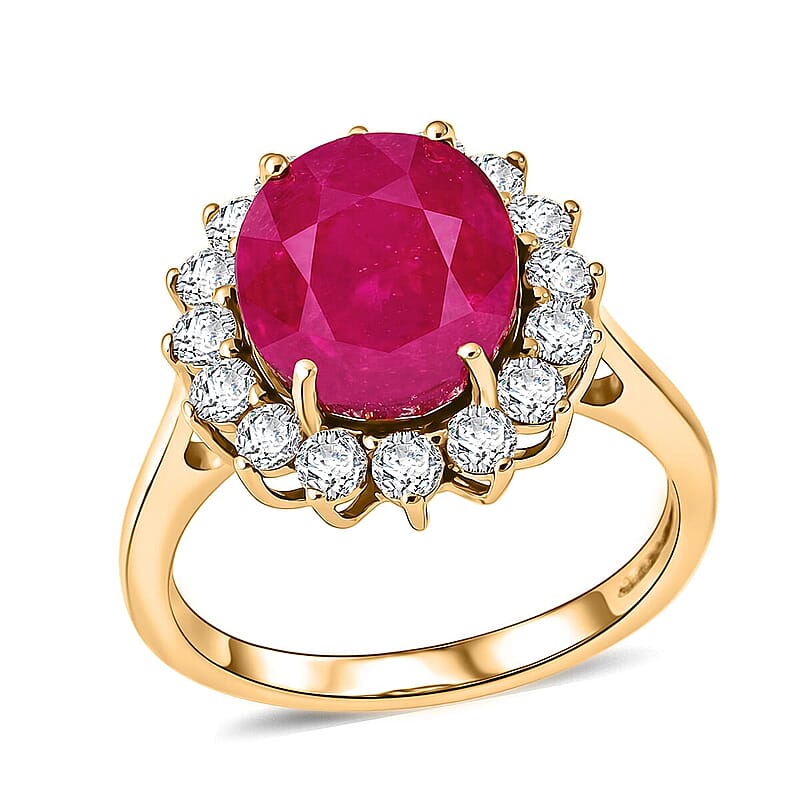 AAA Niassa Ruby (FF) and Luxuriant Lab Grown Diamond G-H SI 8.00 ctw Crimson Halo Ring in 10K Yellow Gold (Size 5.0)