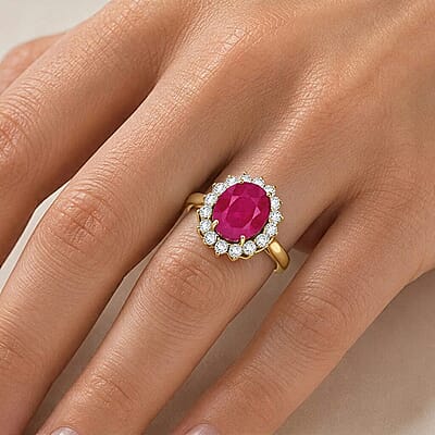 AAA Niassa Ruby (FF) and Luxuriant Lab Grown Diamond G-H SI 8.00 ctw Crimson Halo Ring in 10K Yellow Gold (Size 5.0)