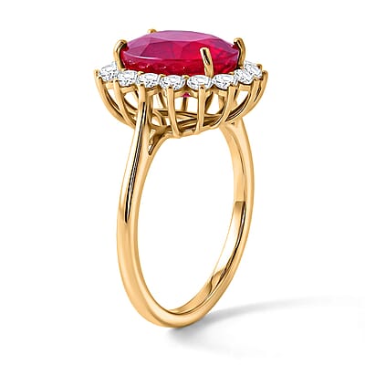 AAA Niassa Ruby (FF) and Luxuriant Lab Grown Diamond G-H SI 8.00 ctw Crimson Halo Ring in 10K Yellow Gold (Size 5.0)