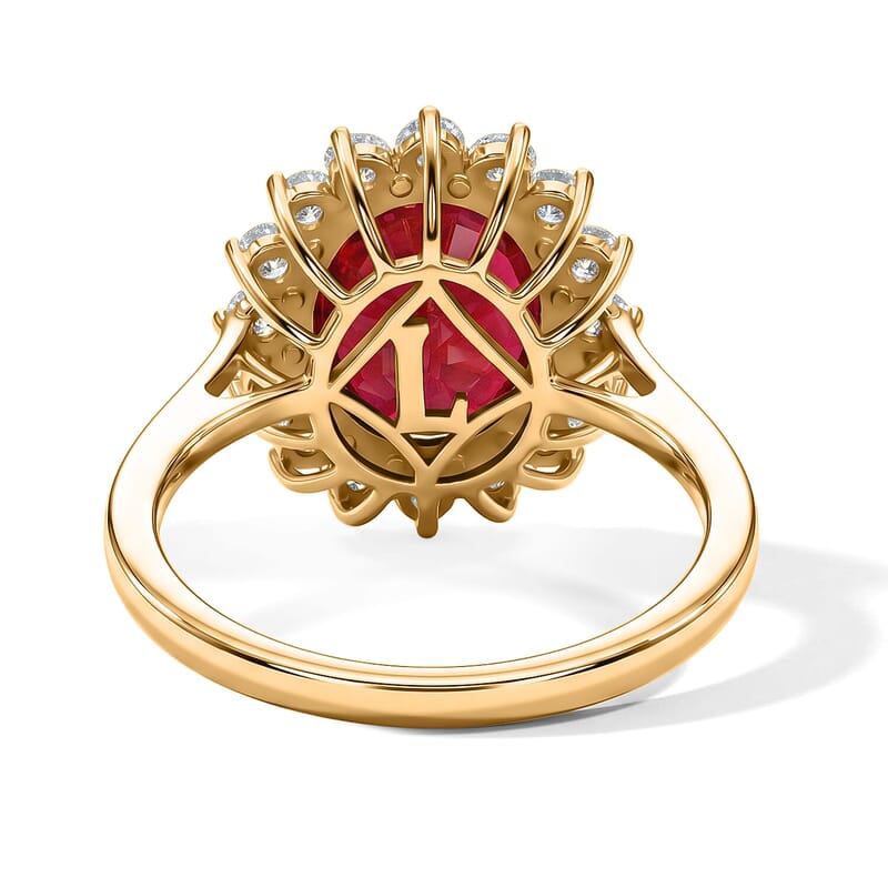AAA Niassa Ruby (FF) and Luxuriant Lab Grown Diamond G-H SI 8.00 ctw Crimson Halo Ring in 10K Yellow Gold (Size 7.5)