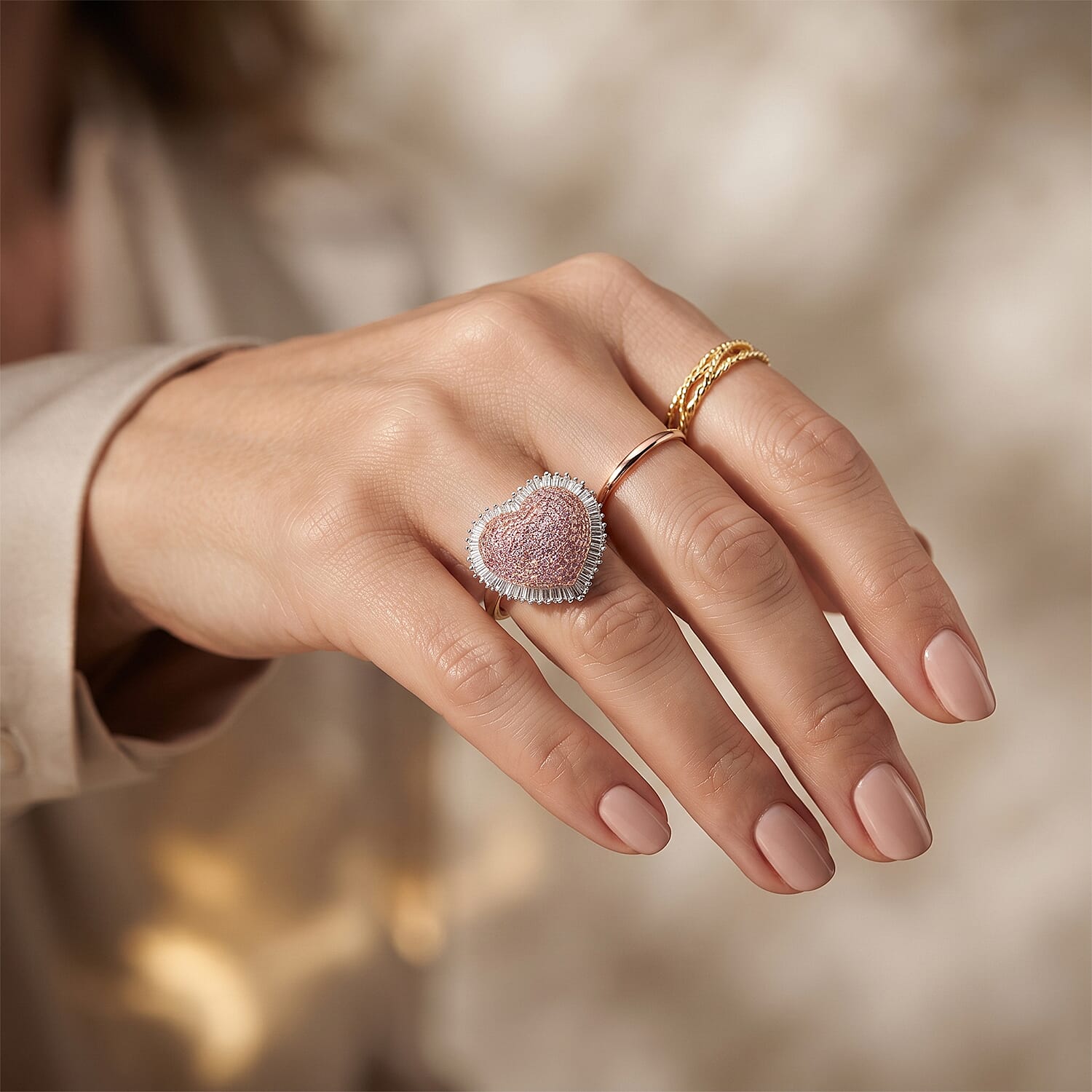 D'Joy Natural Pink and White Diamond I3 1.00 ctw Heart Ring in 18K Vermeil Rose Gold Over Sterling Silver (Size 7.0)