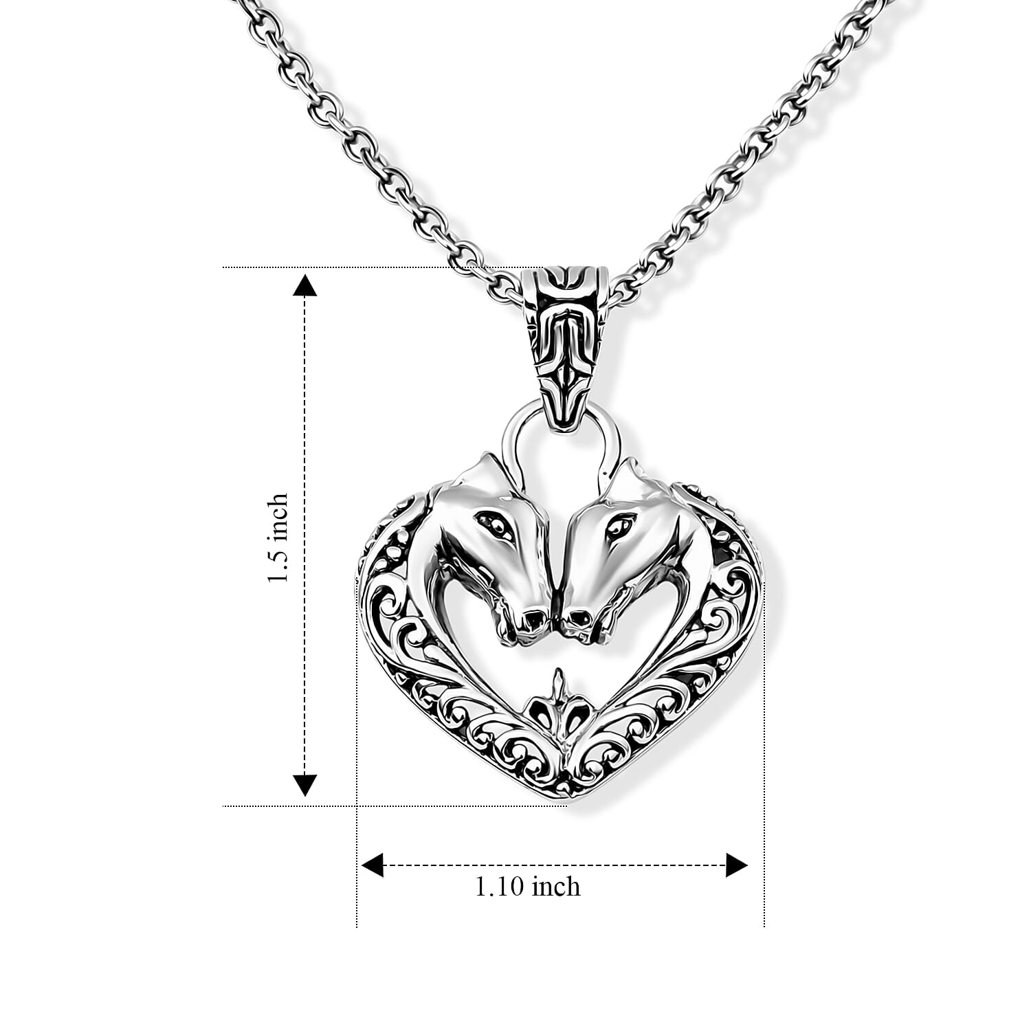D'Joy Double Horse Head Heart Pendant Without Chain in Sterling Silver 4.10 Grams