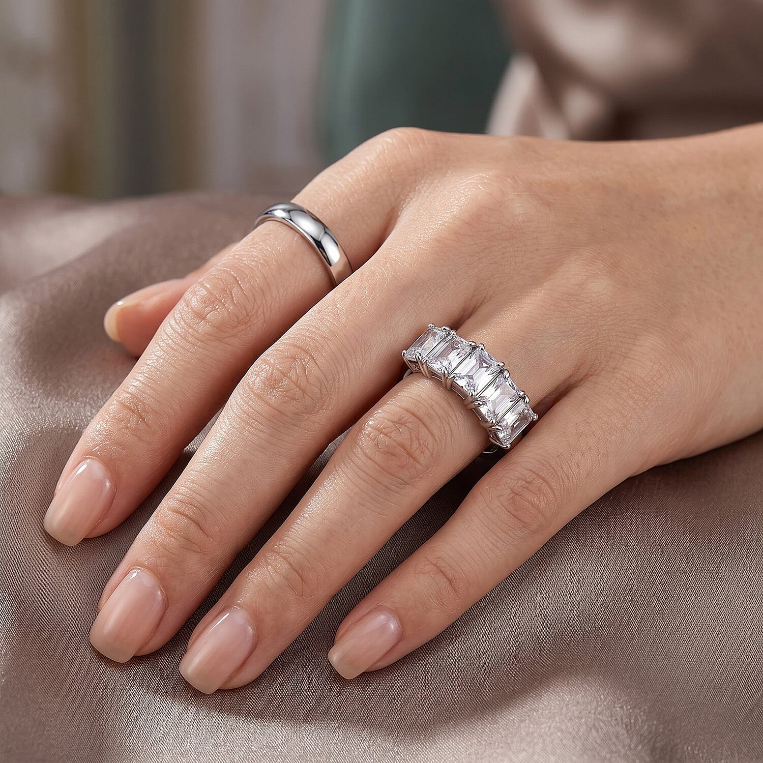 EverTrue Radiant Cut Simulated Diamond 5 Stone Journey of Love Ring in Stainless Steel (Size 5.0)