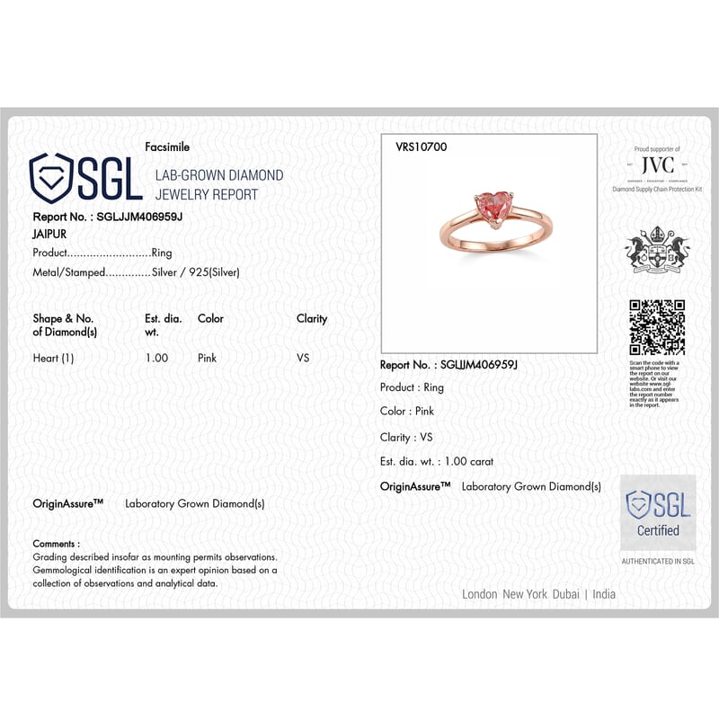 SGL Certified Luxuriant Lab Grown Pink Diamond (IR) VS 1.00 ctw Ring in 18K Vermeil Rose Gold Over Sterling Silver (Size 6.0)