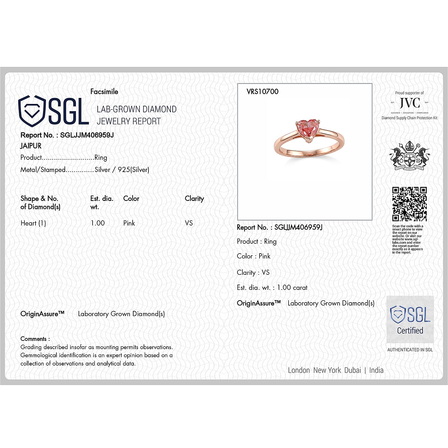 SGL Certified Luxuriant Lab Grown Pink Diamond (IR) VS 1.00 ctw Ring in 18K Vermeil Rose Gold Over Sterling Silver (Size 7.0)