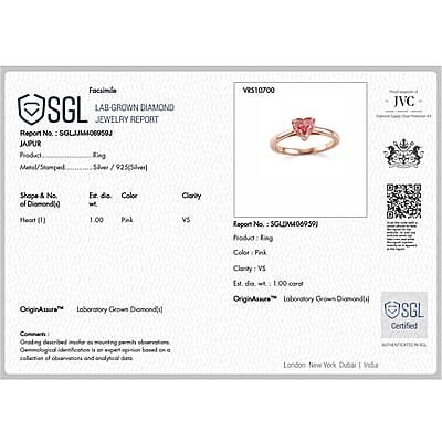 SGL Certified Luxuriant Lab Grown Pink Diamond (IR) VS 1.00 ctw Ring in 18K Vermeil Rose Gold Over Sterling Silver (Size 7.0)
