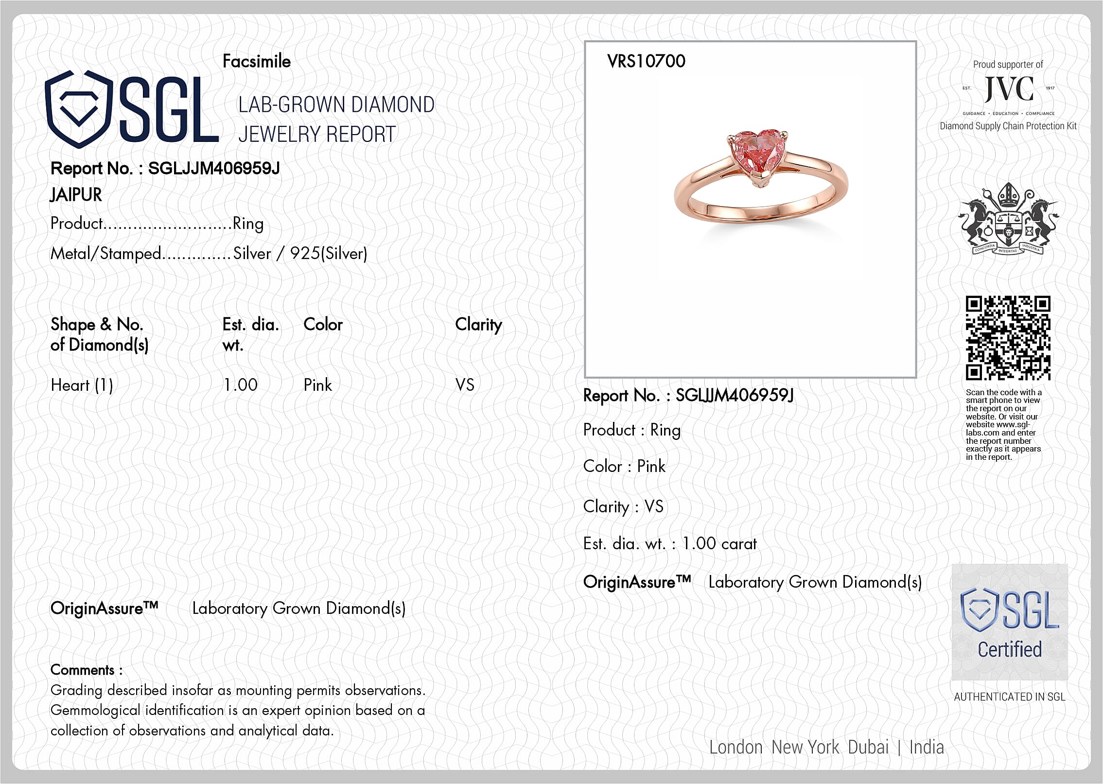 SGL Certified Luxuriant Lab Grown Pink Diamond (IR) VS 1.00 ctw Ring in 18K Vermeil Rose Gold Over Sterling Silver (Size 7.0)