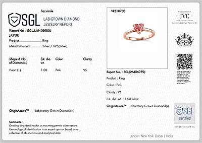 SGL Certified Luxuriant Lab Grown Pink Diamond (IR) VS 1.00 ctw Ring in 18K Vermeil Rose Gold Over Sterling Silver (Size 7.0)