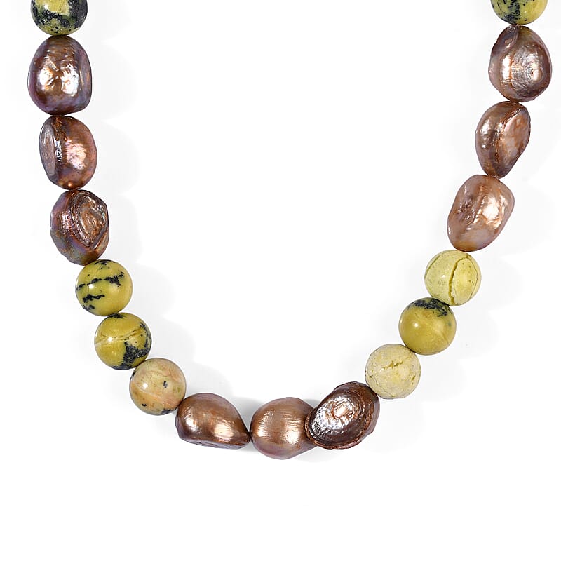 EverTrue Brown Pearl (D) and Yellow Turquoise 135.00 ctw Necklace in Platinum Bond 18 Inches
