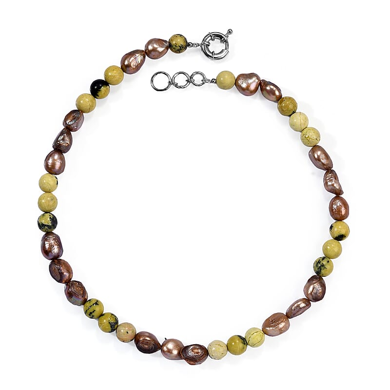 EverTrue Brown Pearl (D) and Yellow Turquoise 135.00 ctw Necklace in Platinum Bond 18 Inches