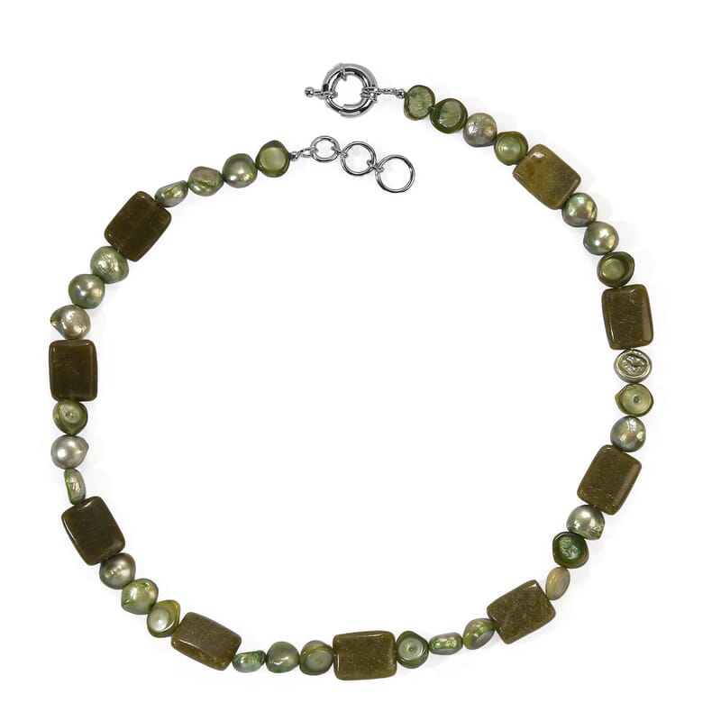 EverTrue Green Pearl (D) and Vesuvianite 100.00 ctw Necklace in Platinum Bond 18 Inches