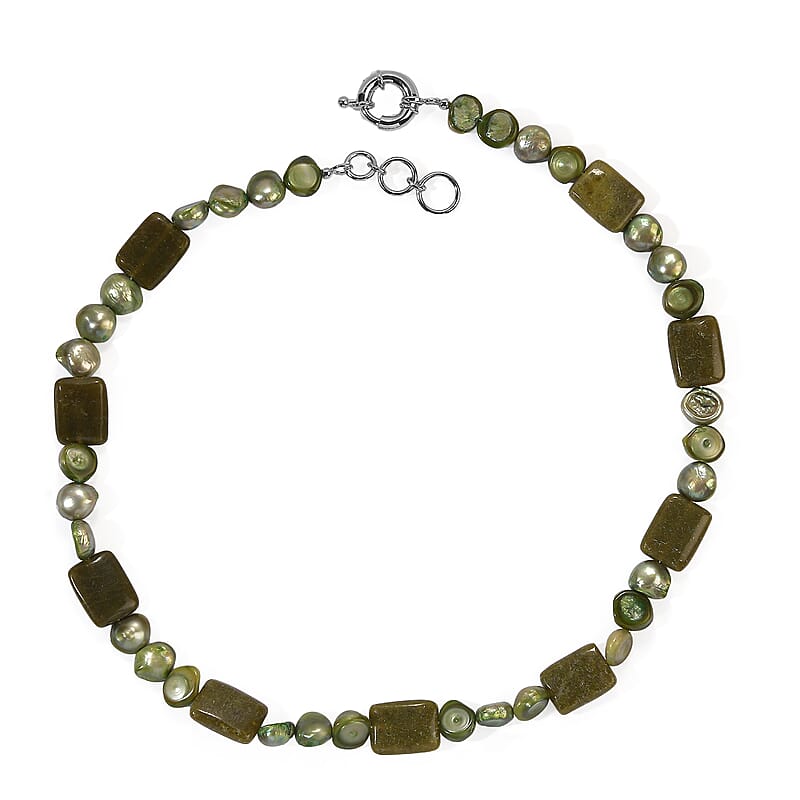 EverTrue Green Pearl (D) and Vesuvianite 100.00 ctw Necklace in Platinum Bond 18 Inches