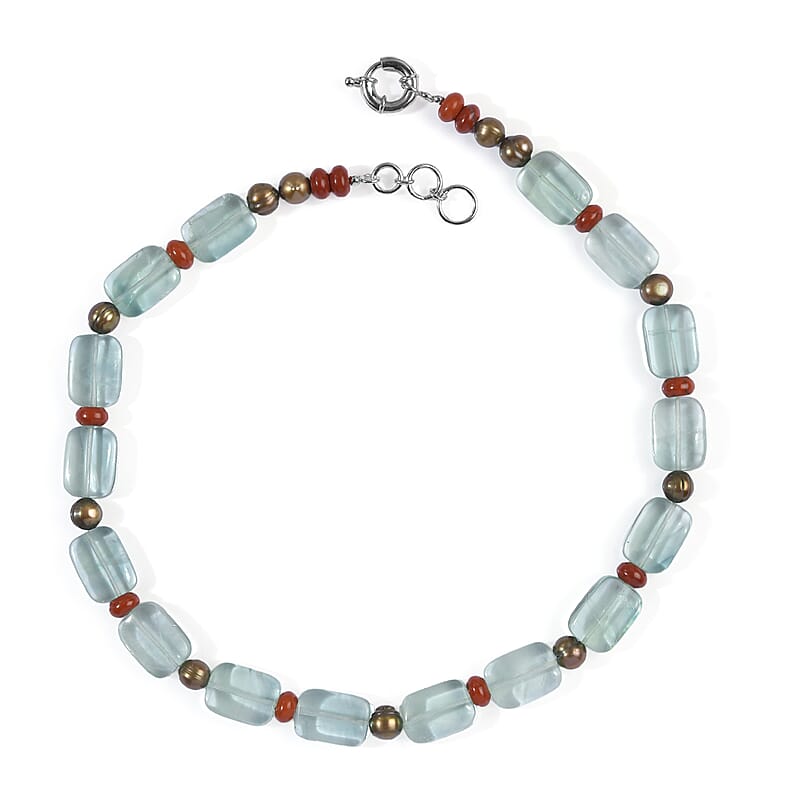 EverTrue Green Fluorite, Red Jasper and Brown Pearl (D) 320.00 ctw Necklace in Platinum Bond 18 Inches