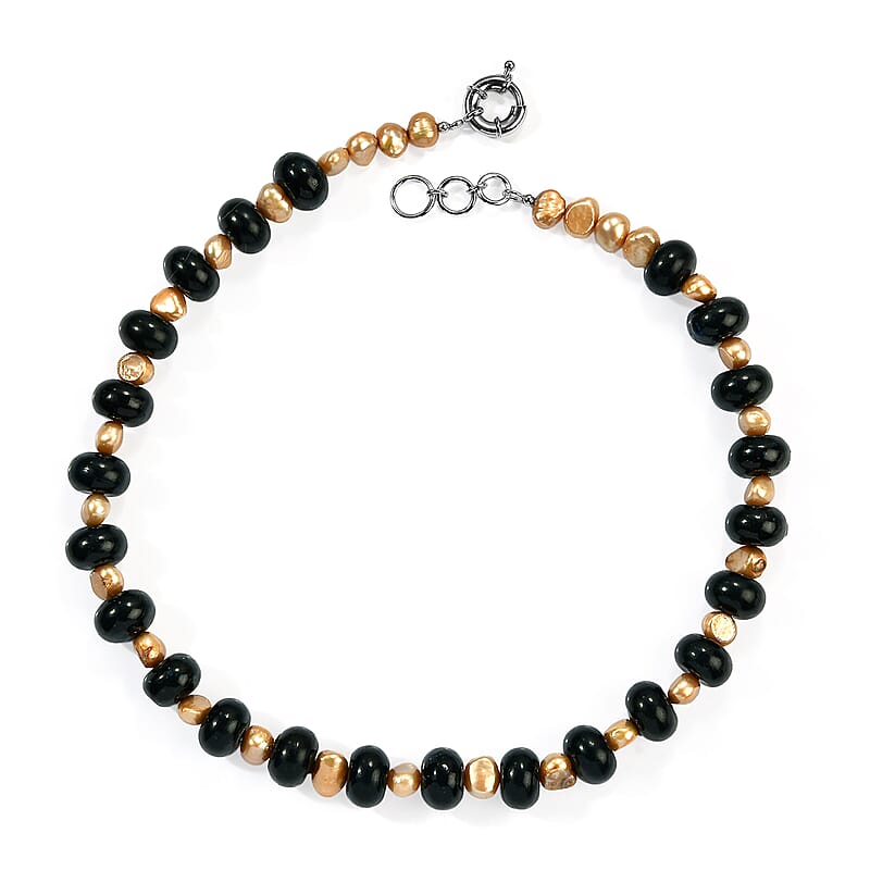 EverTrue Brown Pearl (D) and Blue Jasper 310.00 ctw Necklace in Platinum Bond 18 Inches