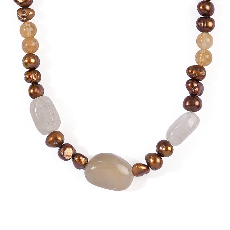 EverTrue Gold and Rutile Quartz, Brown Pearl (D) 130.00 ctw Necklace in Platinum Bond 18 Inches