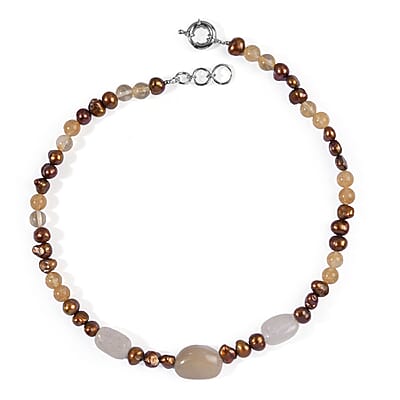 EverTrue Gold and Rutile Quartz, Brown Pearl (D) 130.00 ctw Necklace in Platinum Bond 18 Inches