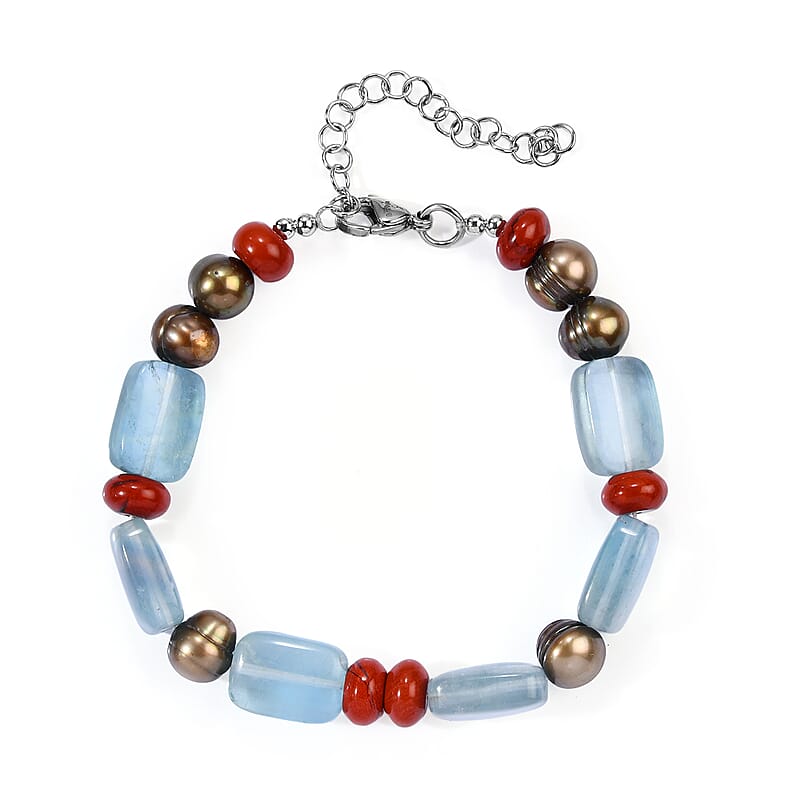 EverTrue Mint Green Fluorite, Red Jasper and Brown Pearl (D) 80.00 ctw Bracelet in Stainless Steel (7.25 In)