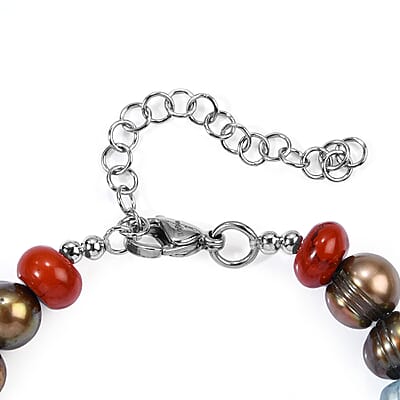 EverTrue Mint Green Fluorite, Red Jasper and Brown Pearl (D) 80.00 ctw Bracelet in Stainless Steel (7.25 In)