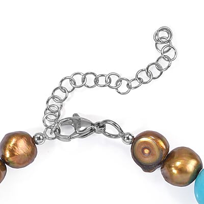 EverTrue Blue Howlite and Brown Pearl (D) 50.00 ctw Bracelet in Stainless Steel (7.25 In)