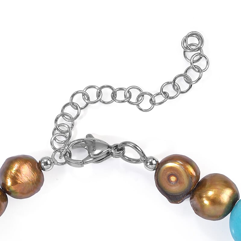 EverTrue Blue Howlite and Brown Pearl (D) 50.00 ctw Bracelet in Stainless Steel (7.25 In)