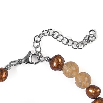 EverTrue Rutile and Gold Quartz, Brown Pearl 45.00 ctw Bracelet in Stainless Steel (7.25 In)
