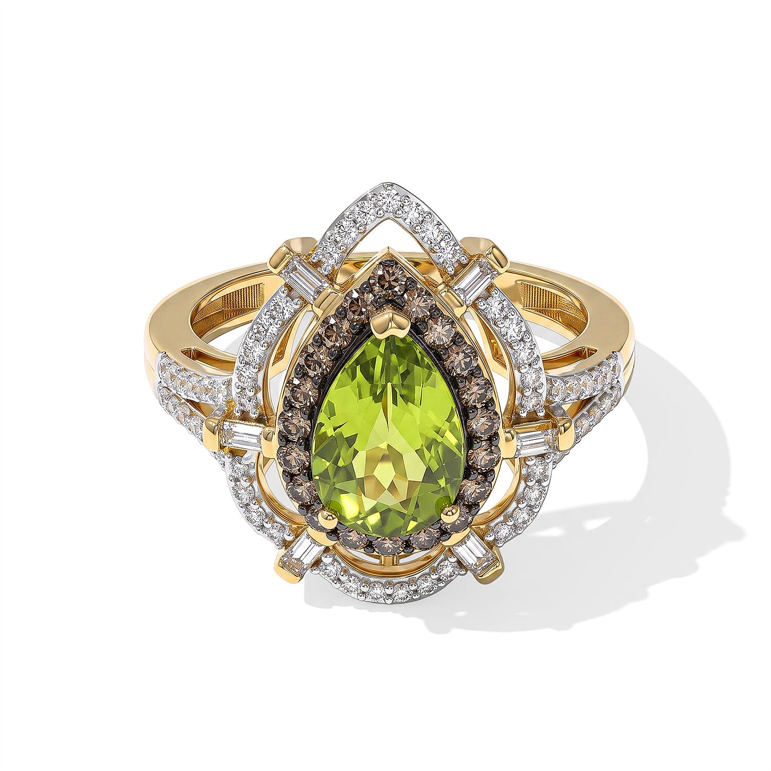 D'Joy Hebei Peridot, Champagne and White Zircon 2.20 ctw Ring in 18K Vermeil Yellow Gold Over Sterling Silver (Size 6.0)