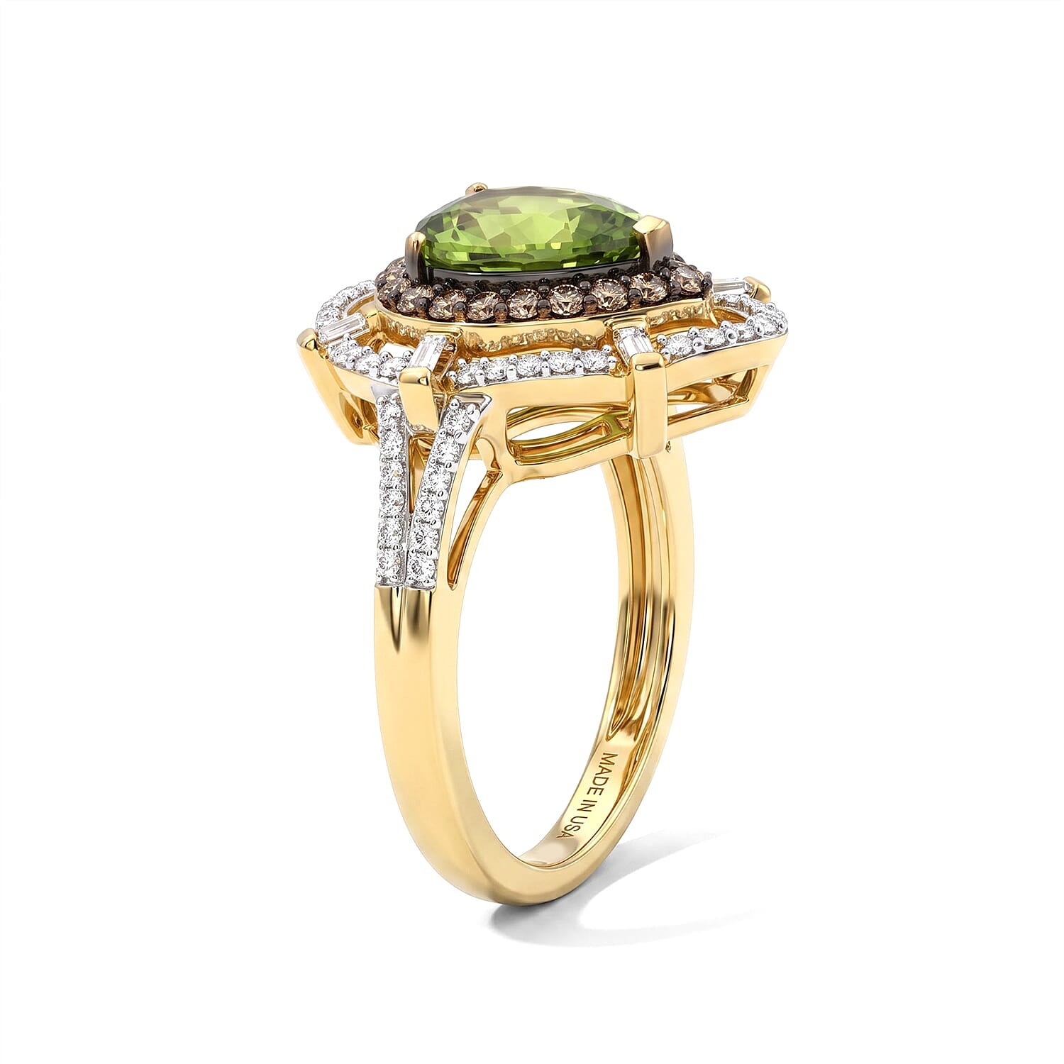 D'Joy Hebei Peridot, Champagne and White Zircon 2.20 ctw Ring in 18K Vermeil Yellow Gold Over Sterling Silver (Size 6.0)