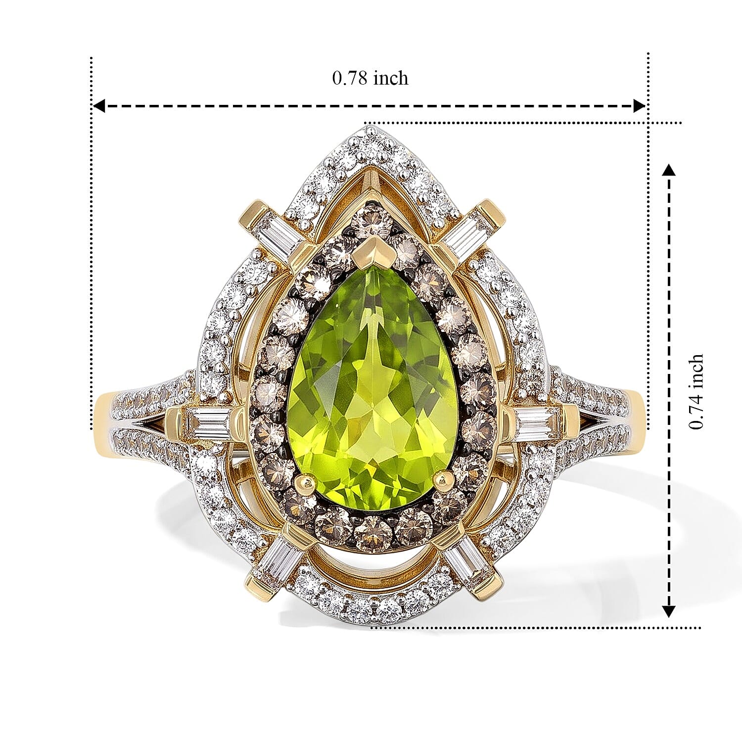 D'Joy Hebei Peridot, Champagne and White Zircon 2.20 ctw Ring in 18K Vermeil Yellow Gold Over Sterling Silver (Size 6.0)