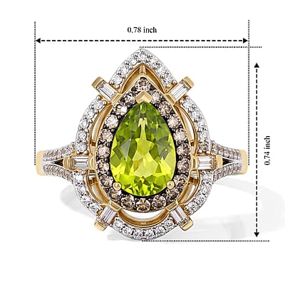 D'Joy Hebei Peridot, Champagne and White Zircon 2.20 ctw Ring in 18K Vermeil Yellow Gold Over Sterling Silver (Size 6.0)