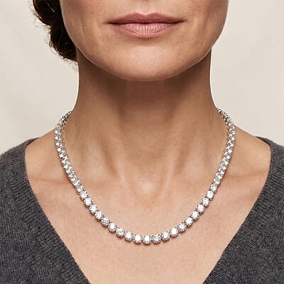 D'Joy Certified Moissanite D VS 37.70 ctw Tennis Necklace in Rhodium Over Sterling Silver (18 Inches)
