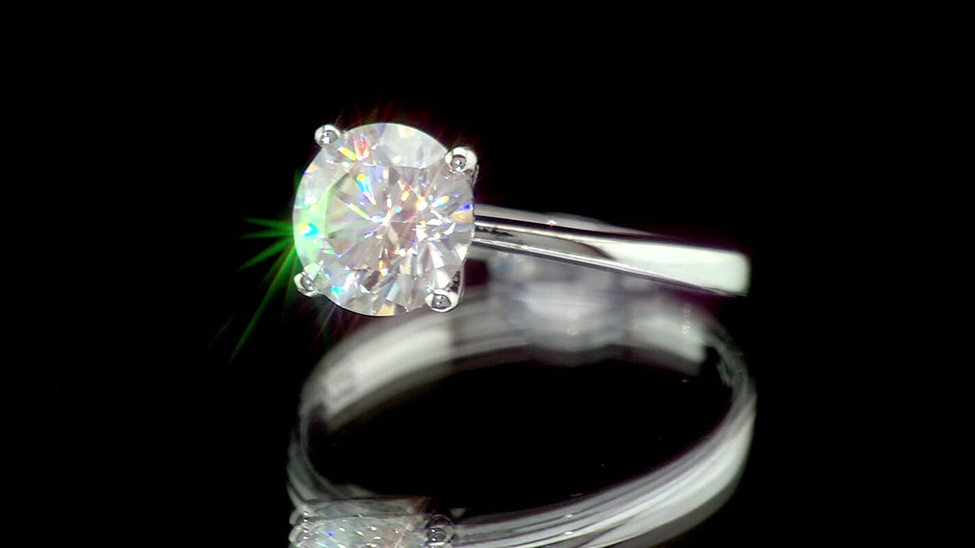 D'Joy Certified Moissanite (Rnd 8mm) (D, VS) Solitaire Ring in Rhodium Over Sterling Silver (Size 10.0) 2.00 ctw