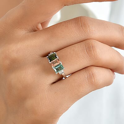 D'Joy Premium Multi Tourmaline and Diamond 2.00 ctw Ring in Rhodium Over Sterling Silver (Size 5.0)