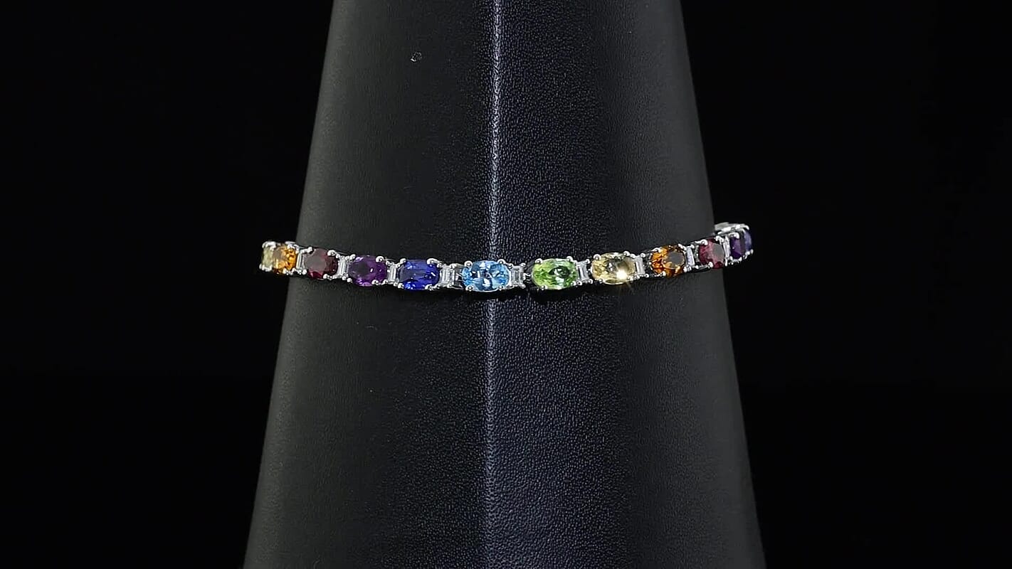 D''Joy Premium Multi Gemstone 12.00 ctw Line Bracelet in Rhodium Over Sterling Silver (7.25 In)